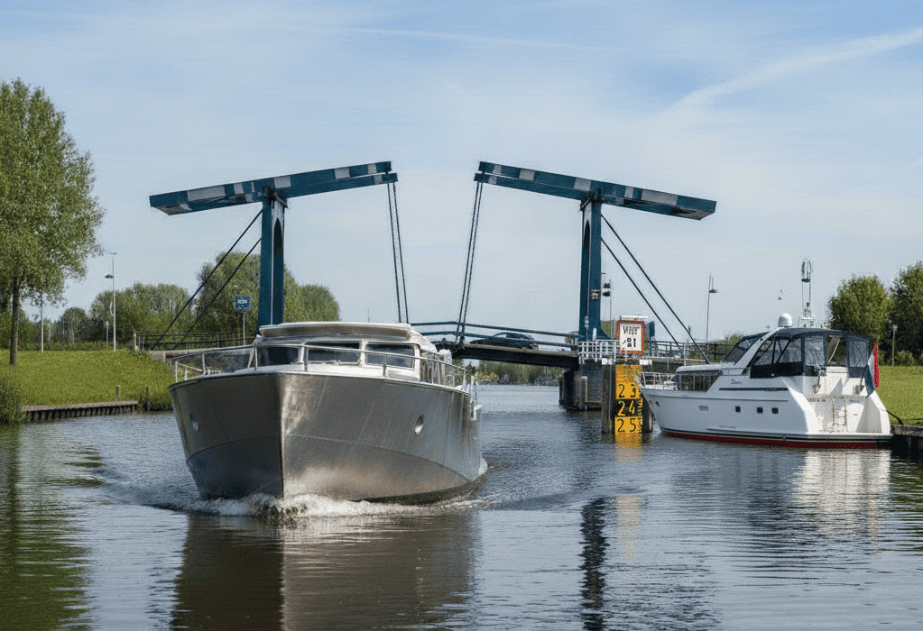 Seacruiser 49.2 aluminium motorjacht vaart door ophaalbrug op binnenwater