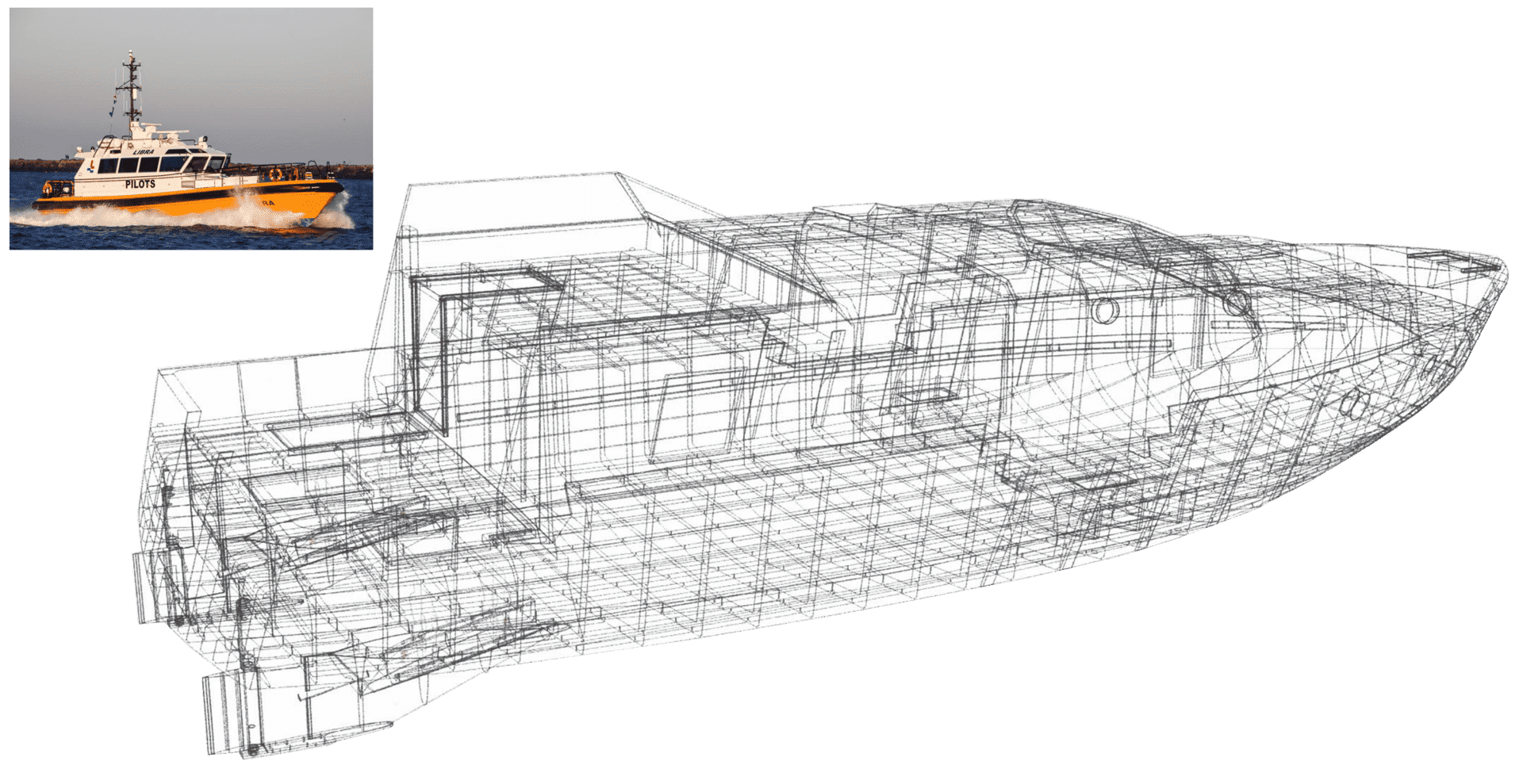 Technische wireframe van Seacruiser aluminium motorjacht naast referentiefoto van loodsboot