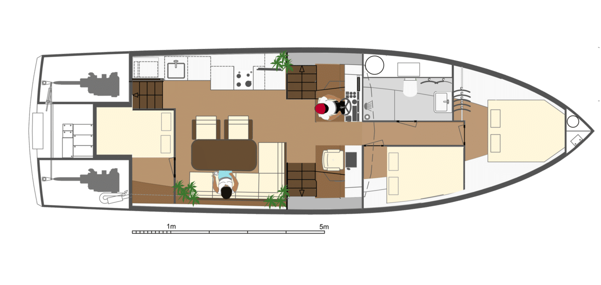 Indeling van het aluminium motorjacht met zes slaapplaatsen